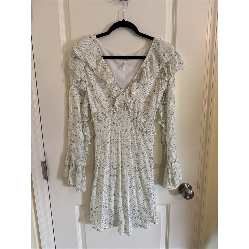 Free People Sweetest Thing Ruffled Mini Dress White Blue Ditsy Floral Womens 4